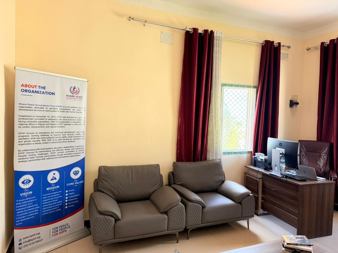Reception area of the KPHF head office with the organization's banner